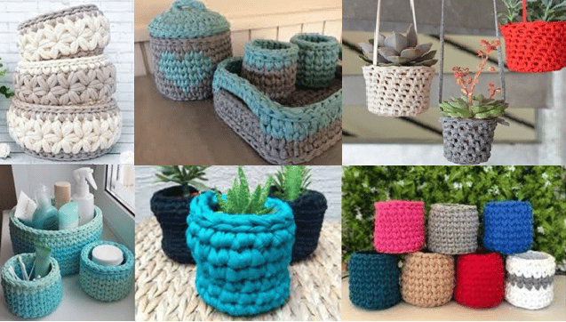 cachepot with knitted yarn